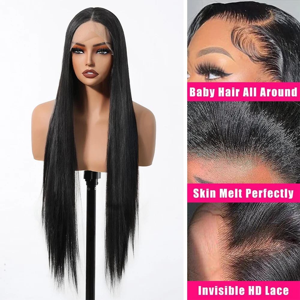 Lace Frontal Synthetic Wigs Pre Plucked Long Straight Black Wig with Baby Hair 30 Inch 13x3.5 Lace Wigs for Afro Women Brazilian