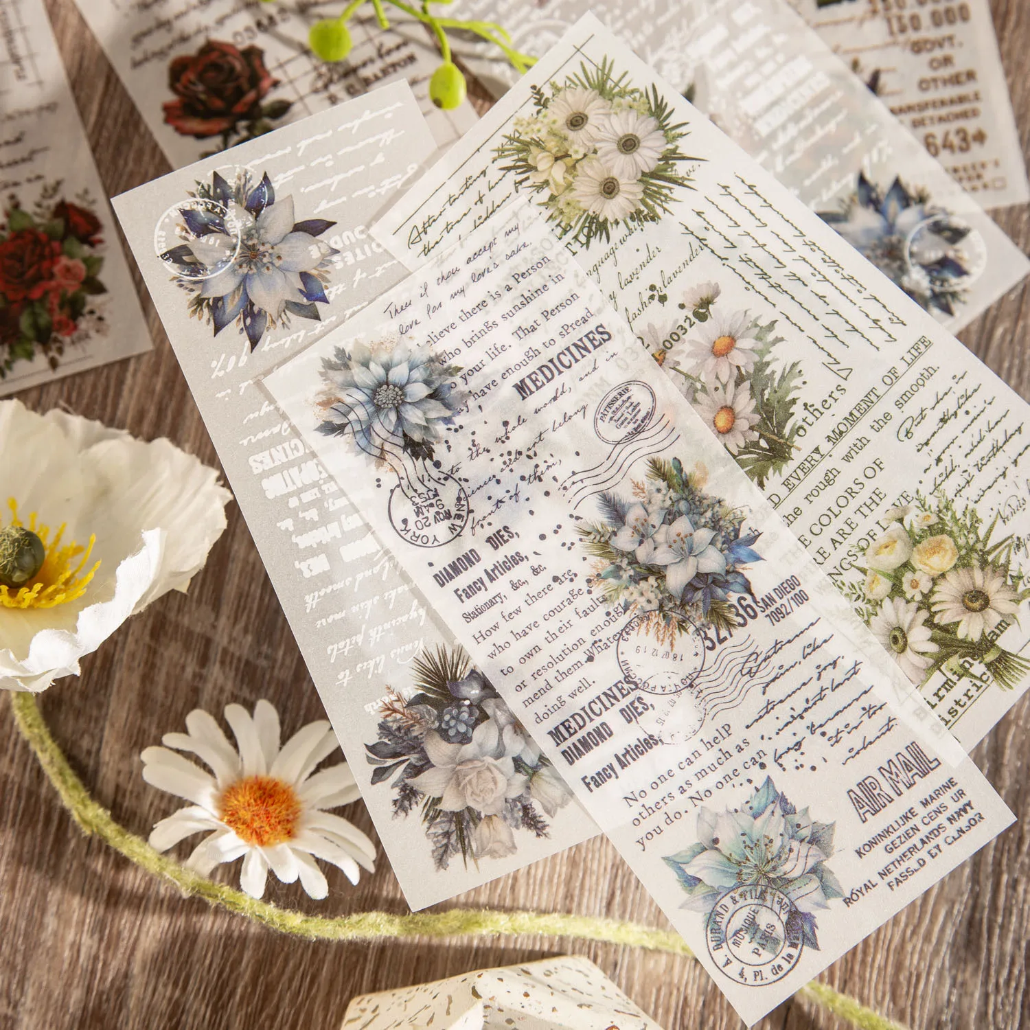 Vintage Plant Flower Manuscript Translucent Material Paper White Ink Junk Journaling Scrapbooking Decorative Craft Diary Paper