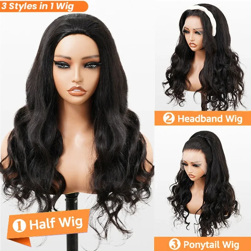 الجسم موجة الوجه على الشعر البشري نصف الباروكات 3 في 1 الجسم متموج الحرة نصف شعر مستعار للنساء شعر مستعار طبيعي غير مرئي للتثبيت بسرعة