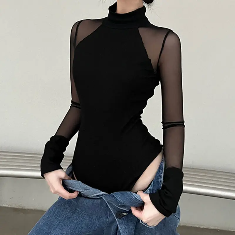 

Women Half Turtleneck See Throught T-shirts Girls Full Sleeve Sheath Thin Single Layer Mesh Tshirt Basic Tops For Female