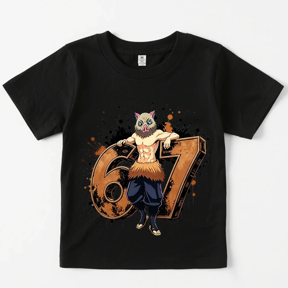 Hashibira Inosuke Number 67 Print Kids Black Cotton T Shirt Anime Demon Slayer Short Sleeve Casual Birthday Top For Boys