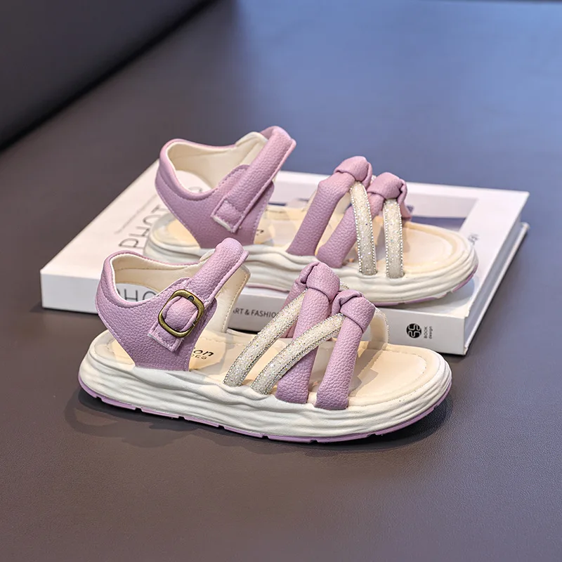 2026 Summer New Kids Sandals Comfort Anti Slip Plus Size Girls' Beach Shoes Simple Versatile Girls' Rhinestone Sandals Туфли