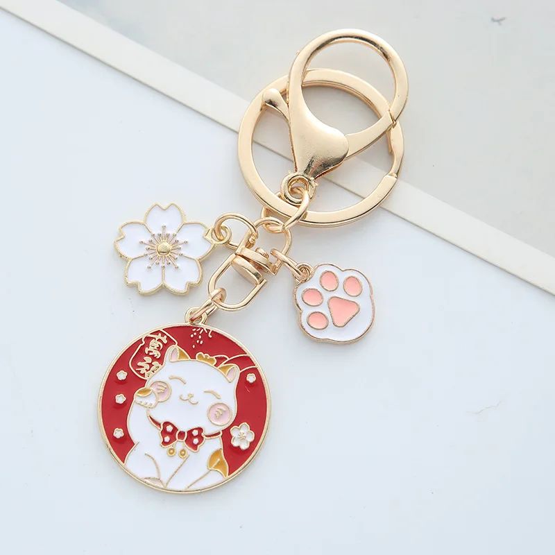 Cute Enamel Lucky Cat Keychain for Women Fashion Cherry Blossom Cat\'s Paw Koi Key Chain HandBag Decoration Jewelry Girls Gift