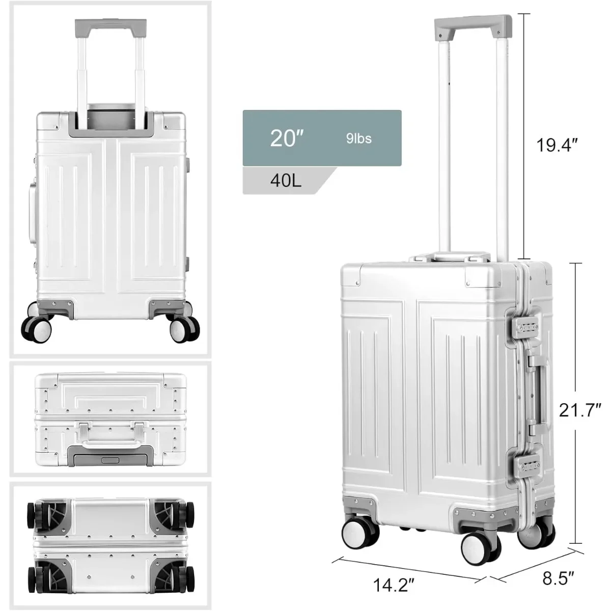 All Aluminum Magnesium Carry On Luggage，Cut from Whole Aluminum Sheet，22x14x9 Airline Approved