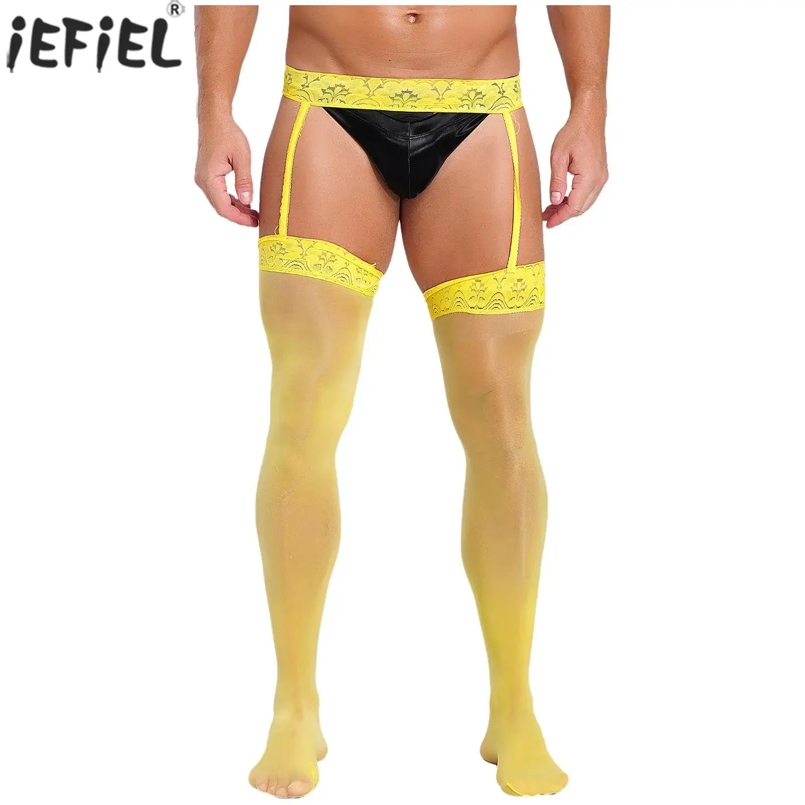 

Men Floral Lace Garter Belt Sheer Stockings Suspender Cutout Ultra Thin Pantyhose Glossy Stretchy Stocking Sissy Dress Costumes