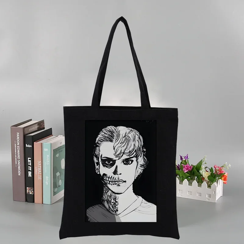 Evan Peters Skull Ahs Roanoke Custom Tote Bag Shopping Original Design Black Unisex Travel Canvas Bags Eco Foldable Shopper Bag