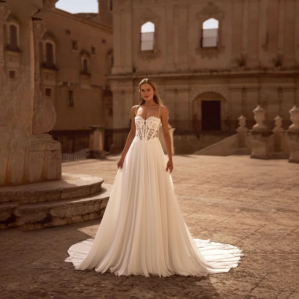 ZIBUYU Spaghetti Strap Sweetheart Neckline Lace - Embroidered Tulle A - Line Bridal Dresses Floor Length Wedding Gown Customized