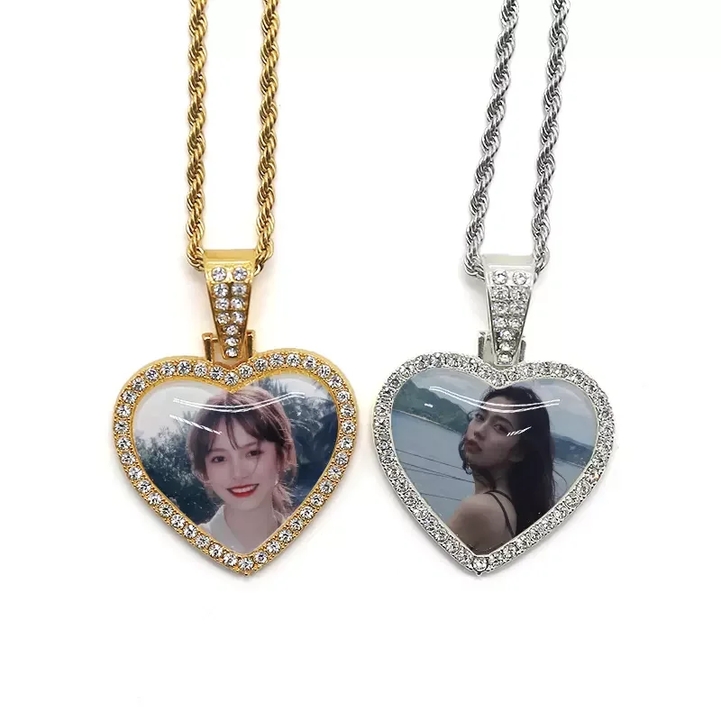 Free Shipping 10pcs/Lot Crystal Bling Heart Necklace Hip Hop Jewelry Necklace Sublimation Necklace Blanks with Stainless Steel