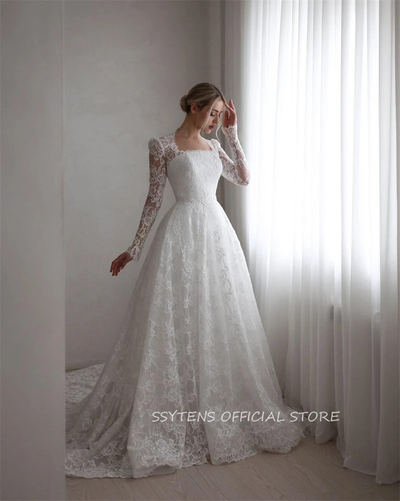 SSYTENS Abito da sposa con maniche lunghe in pizzo pieno con scollo quadrato Abito da sposa personalizzato Israele per la sposa Vestido civile su