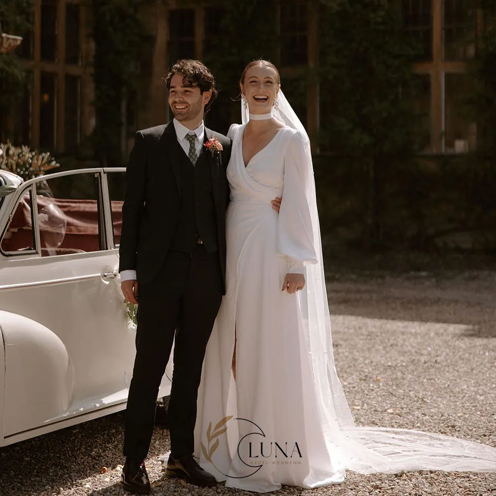 Luna V Neck Satin Long Sleeves Wedding Dress High Split Engagement Bridal Gown Modern Wedding Gown Customized