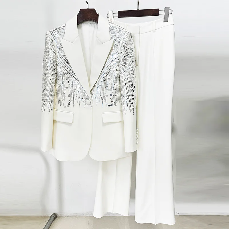 Formal White Women Suit Set 2 Pieces Blazer+Pants Luxury Shiny Sequins Prom Jacket Trousers Formal Office Lady Wear