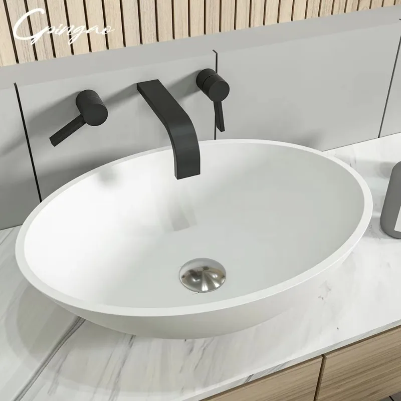 Factory Price European Style Design Solid Surface Stone Easy Clean Bathroom Counter Wash Hand Basin