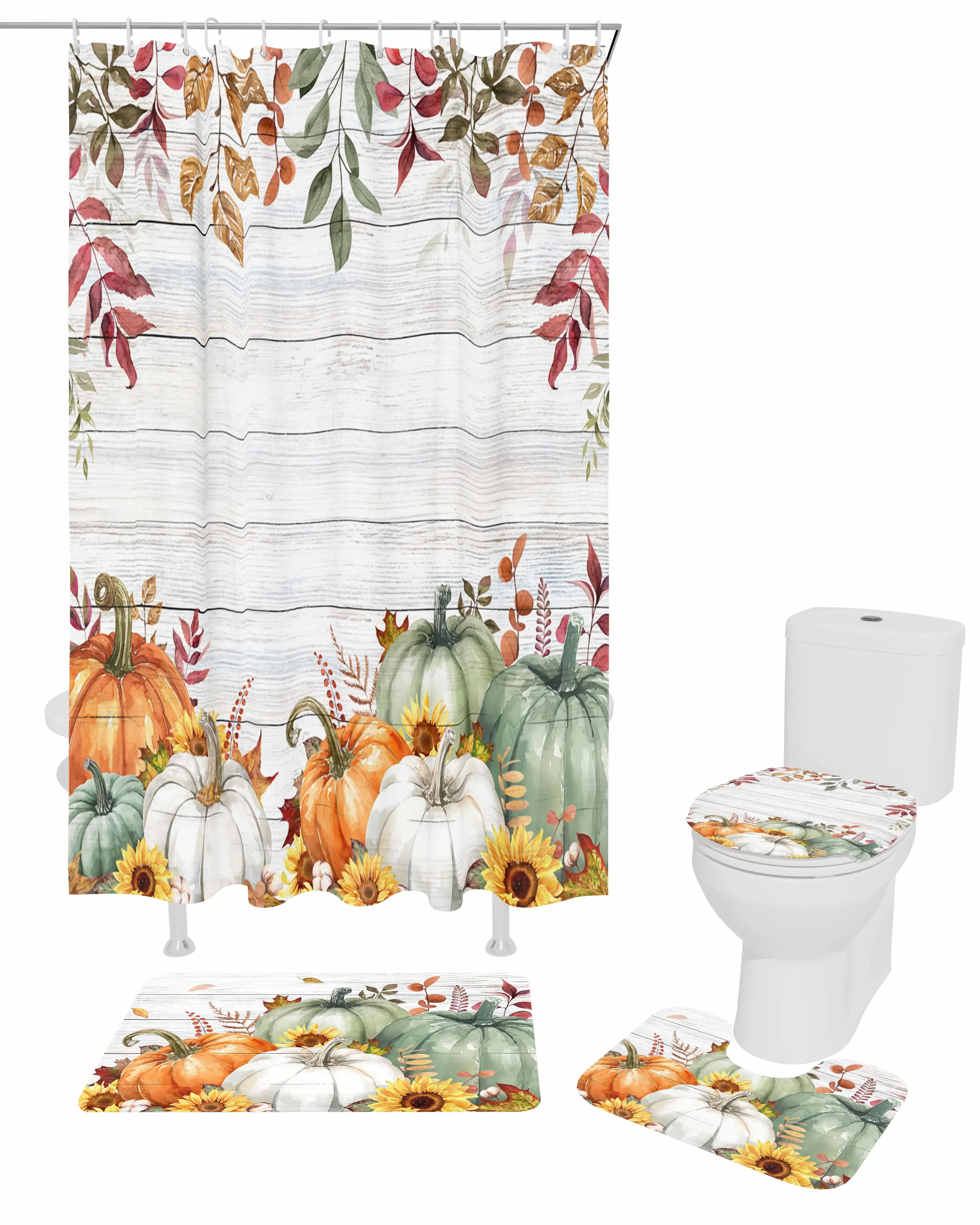 Sunflower GreenPumpkinPolyester printed shower curtain bathroom set,luxurious curtainsabstract 4-piece setcoral fleece floor mat