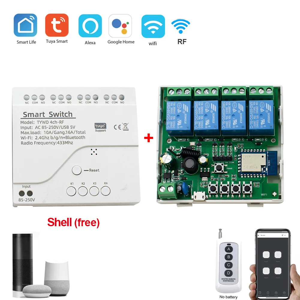 1 2 4CH RF Smart Switch 12V 24V 220V 230V AC DC WIFI Tuya Remote Control 433 Light Motor Switch 10A Relay Module Self-locking