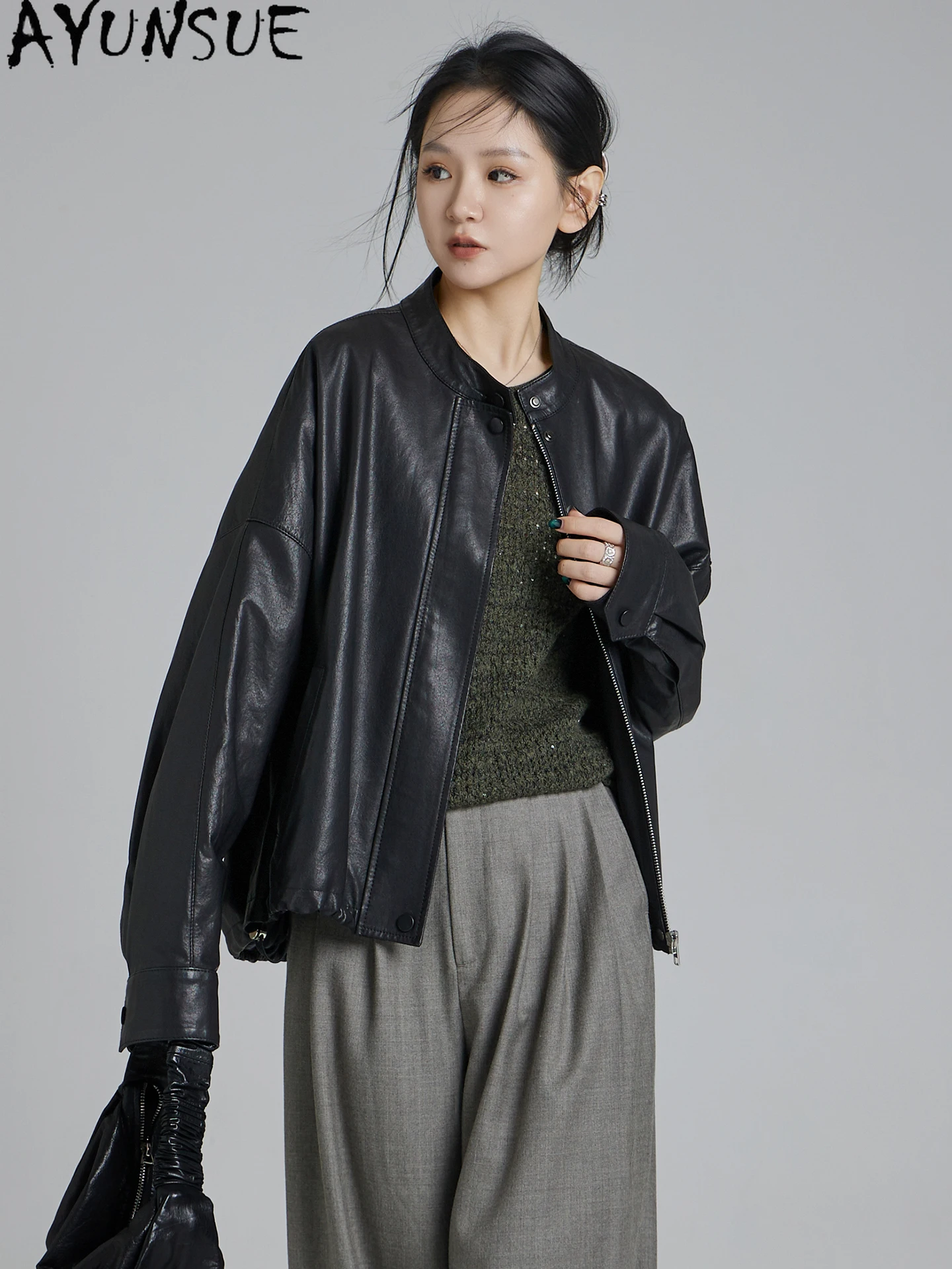 AYUNSUE سترة جلدية أصلية من جلد الغنم معاطف نسائية فضفاضة مناسبة للربيع والخريف معطف جلد 2025 أنيق Jaqueta De Couro