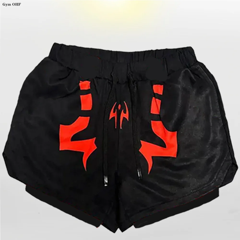 Double Layer Shorts Men\'sPrint Gym Casual Sports Compression Shorts Running Mesh 2-in-1 Sports Boxing Training Shorts Man