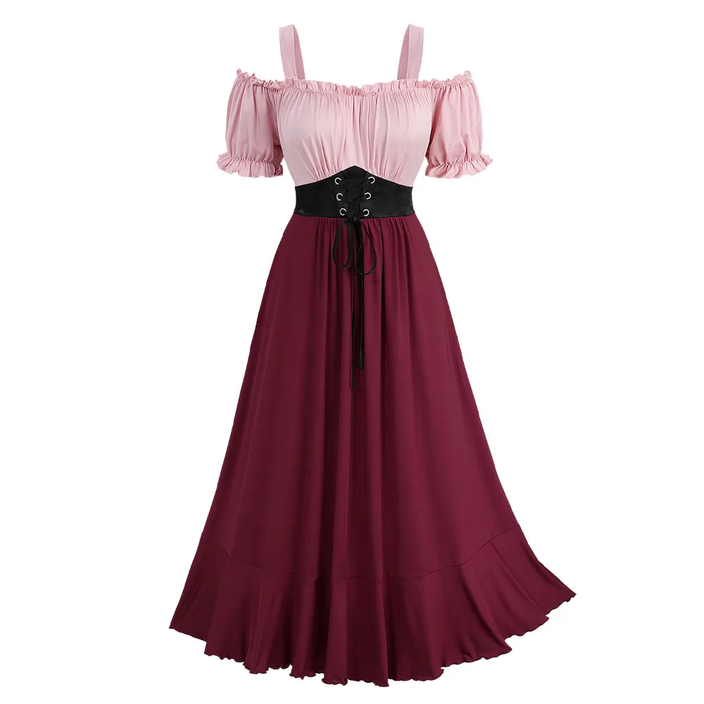 Sukienki damskie plus size na lato z odkrytymi ramionami, codzienne, z bufiastymi rękawami, kontrastowe bloki kolorystyczne, sznurowane, z paskiem, elastyczne, maxi.