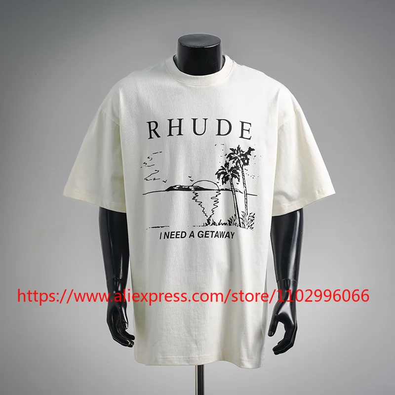 New RHUDE Men's T-Shirt Oversized Tropical Beach Graphic Letter Logo Crew Neck Casual Tee Top
