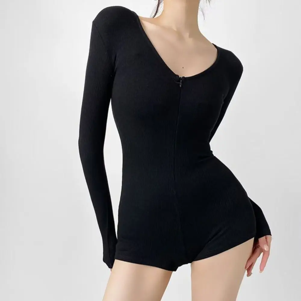 Moda bodycon y2k magro bodysuit zíper sem costura manga comprida macacão roupas de yoga com decote em v macacão shorts feminino senhora