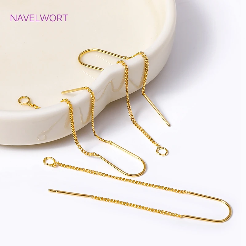 18K Gold Plated Brass Ear Wire Earrings With Center U-Bar And Open Ring Cable Chain Ear Thread DIY Earring Making Supplies