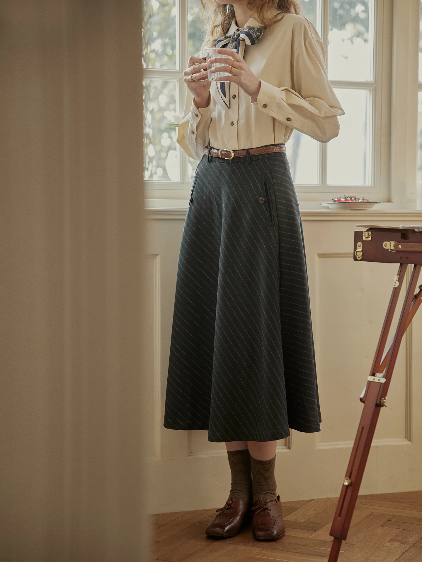 

C.PAIA High Waist A-Line Skirt Draped Loose Feel Wide Leg Casual Sle Polyester Fiber Micro Stretch Ci Commute Skirt