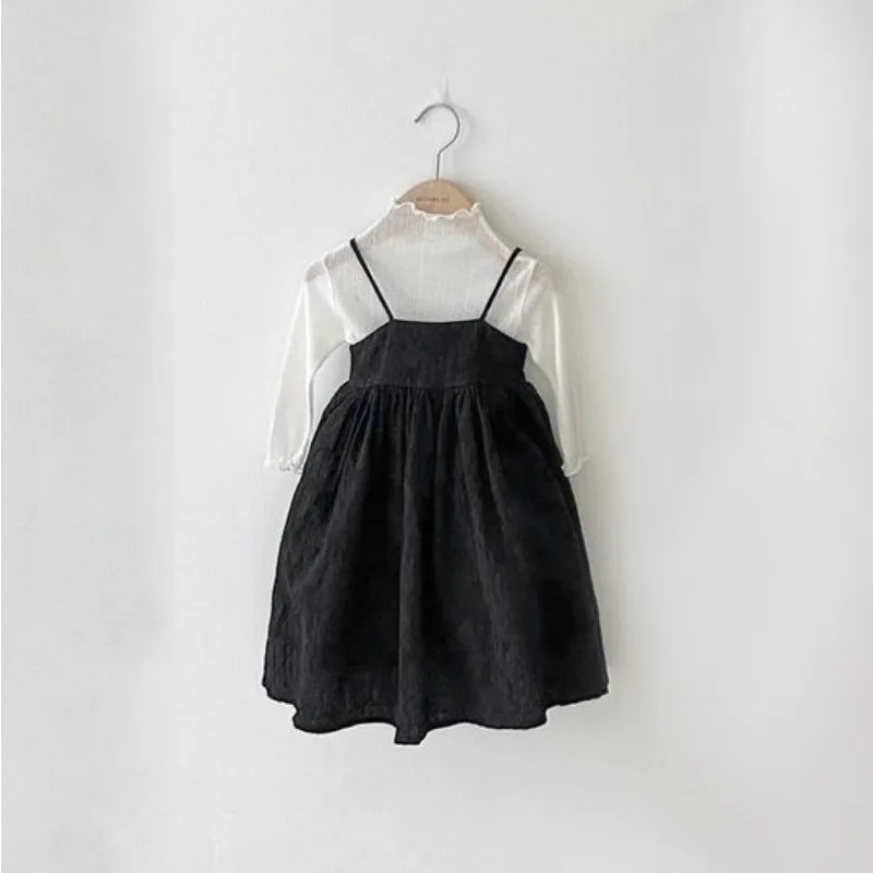 Korean Style New Spring Autumn Kids Spaghetti Strap Dress Cream Color/Black Straps Dresses Fashion Korean Style New Spring Autumn Kids Spaghetti Strap Dress Cream Color/Black Straps Dresses Fashion