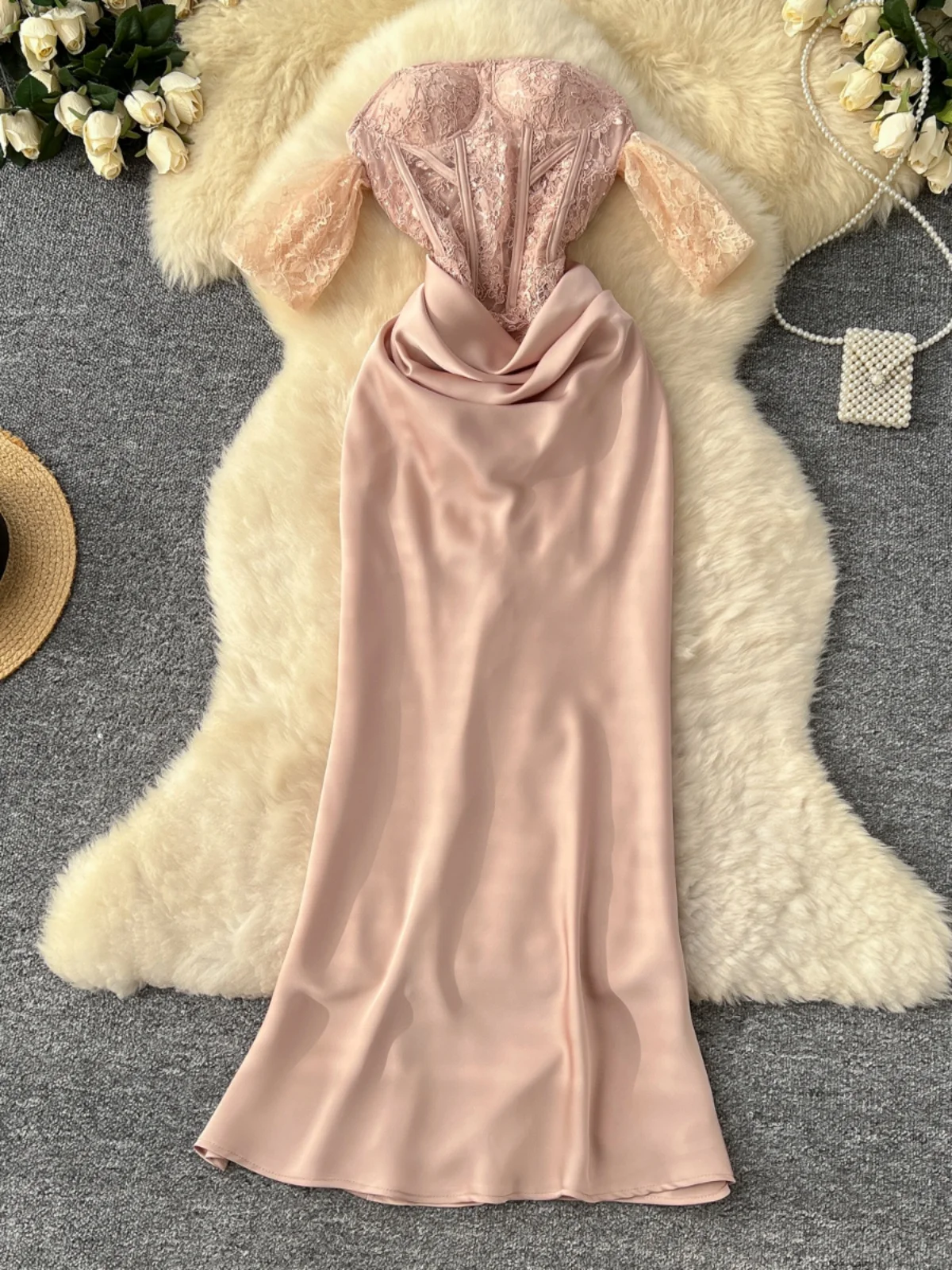 Ele High-End bestickte Spitze Patchwork Svel Bustier Slim Fit Satin Dr koreanische Sle hohe Taille A-Linie Midi Dr