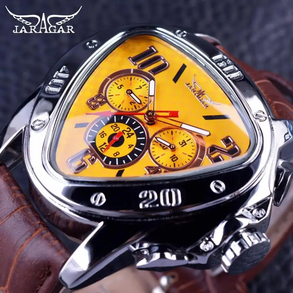 JARAGAR 951 Top Brand Fashion Automatic Mechanical Racing Wristwatch 3 Dial Men Triangle Watch Sport Style Clock Wrist