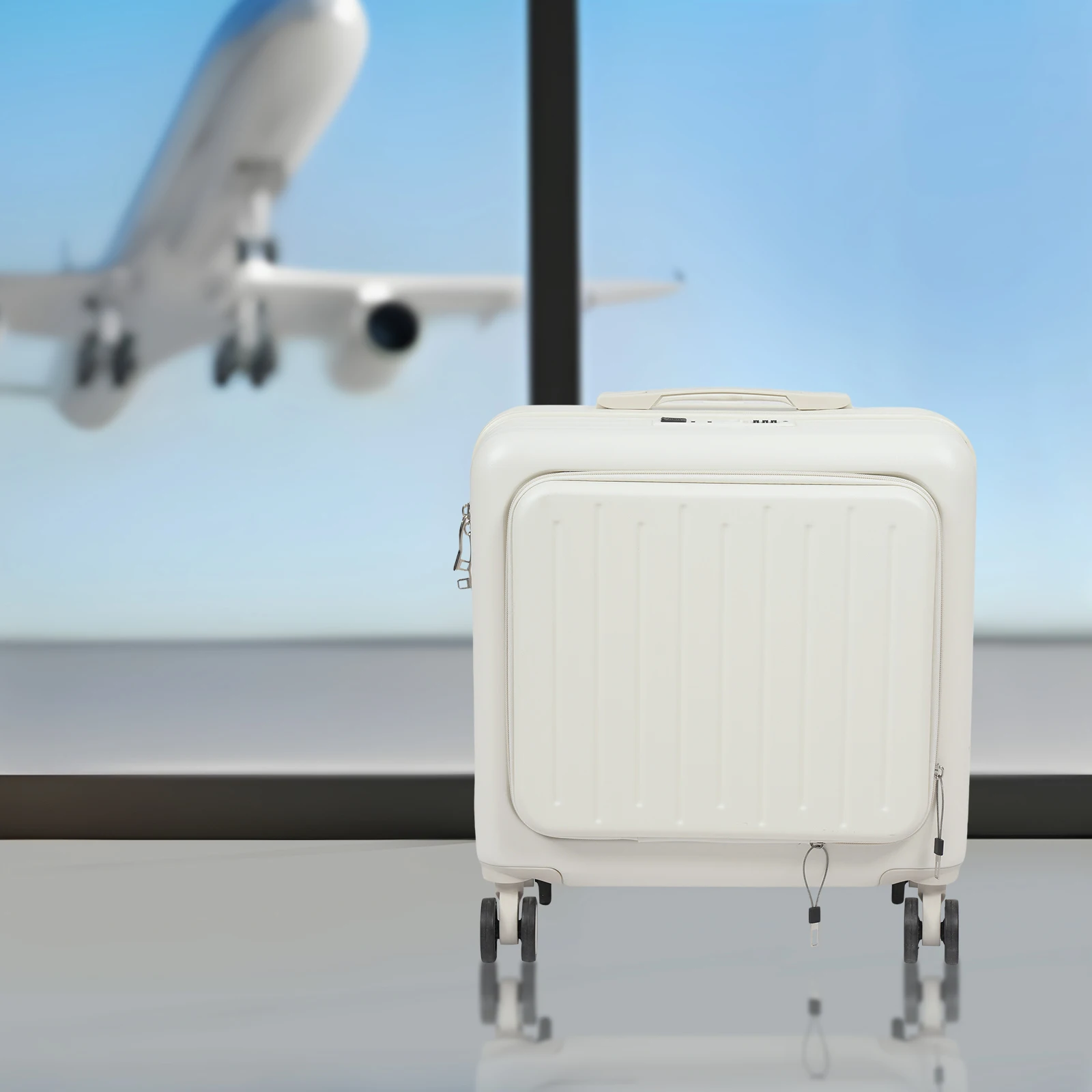 

18-inch Boarding Suitcase Lightweight Trolley Case with 1 USB Charging Port 1 Cup Holder Travel Password Box White/Black