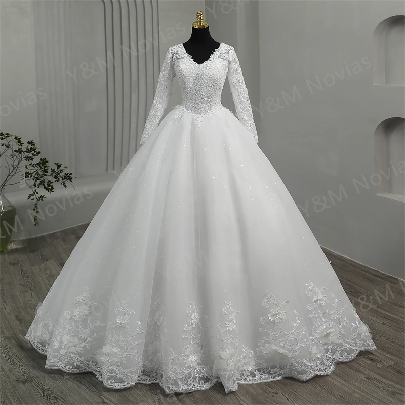 

Custom Aline Gowns White Ivory Deep V Neck Bridal Dress with Long Sleeve Wedding Dresses Luxury Beading Lace Vestidos De Novia