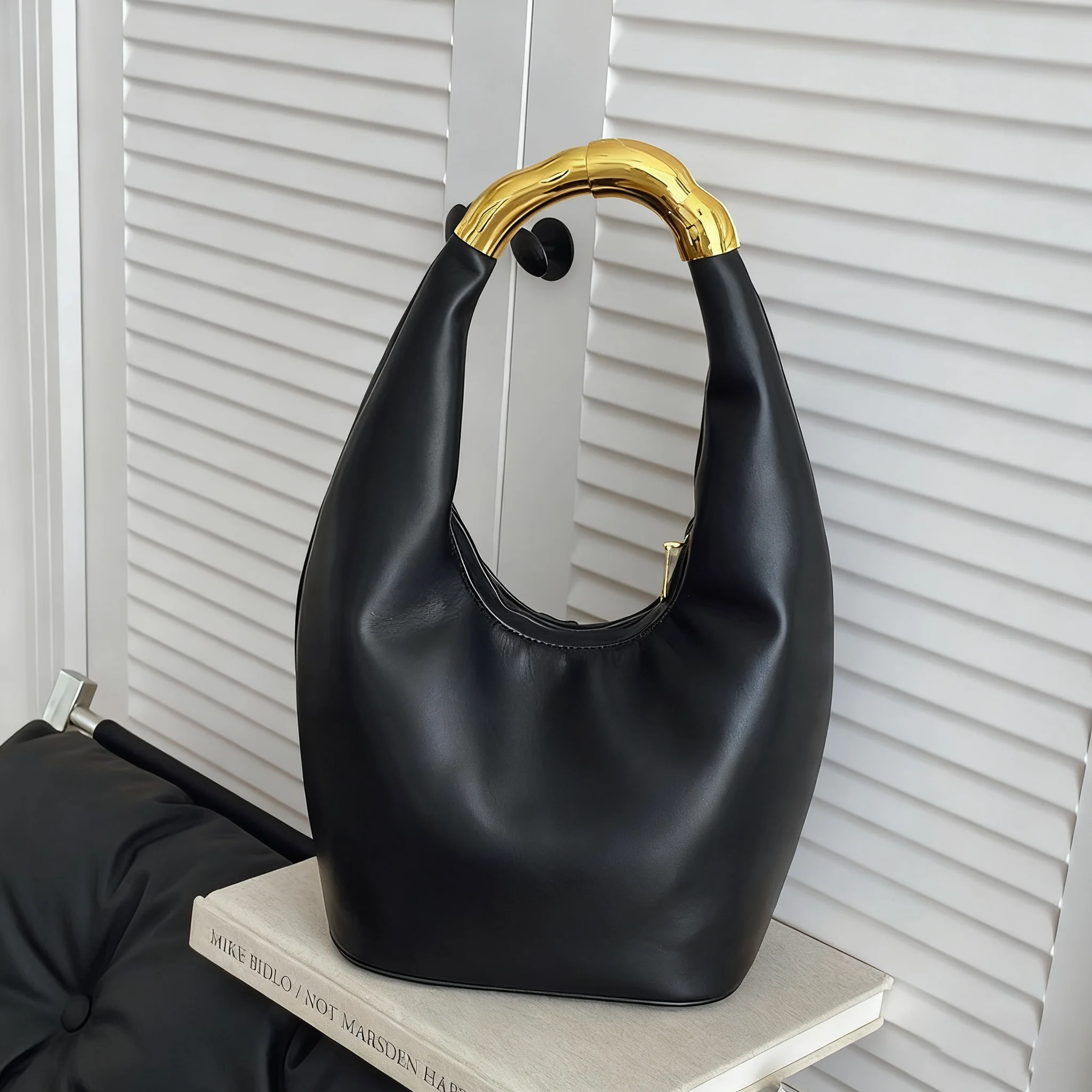 

New Asymmetrical Bucket Bag for Women Minimalist PU Underarm Purse with Metal Handle Versatile Hand Carry Tote for Commute