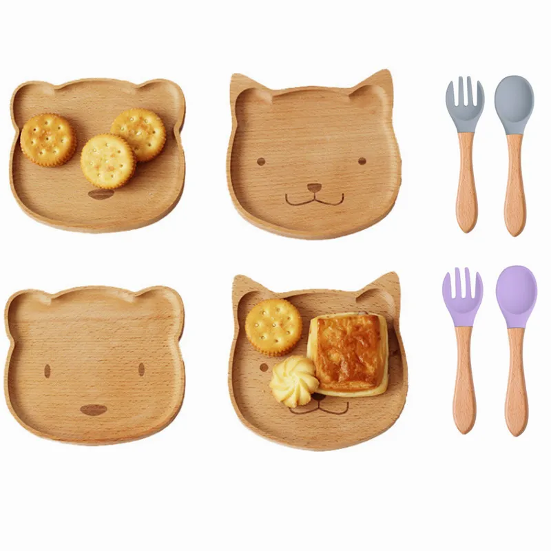 Children Small Snack Plate Dinnerware Kids Dishes Baby Wooden Feeding Plate Food Tableware Bear Food Grade Silicone Fork Spoon