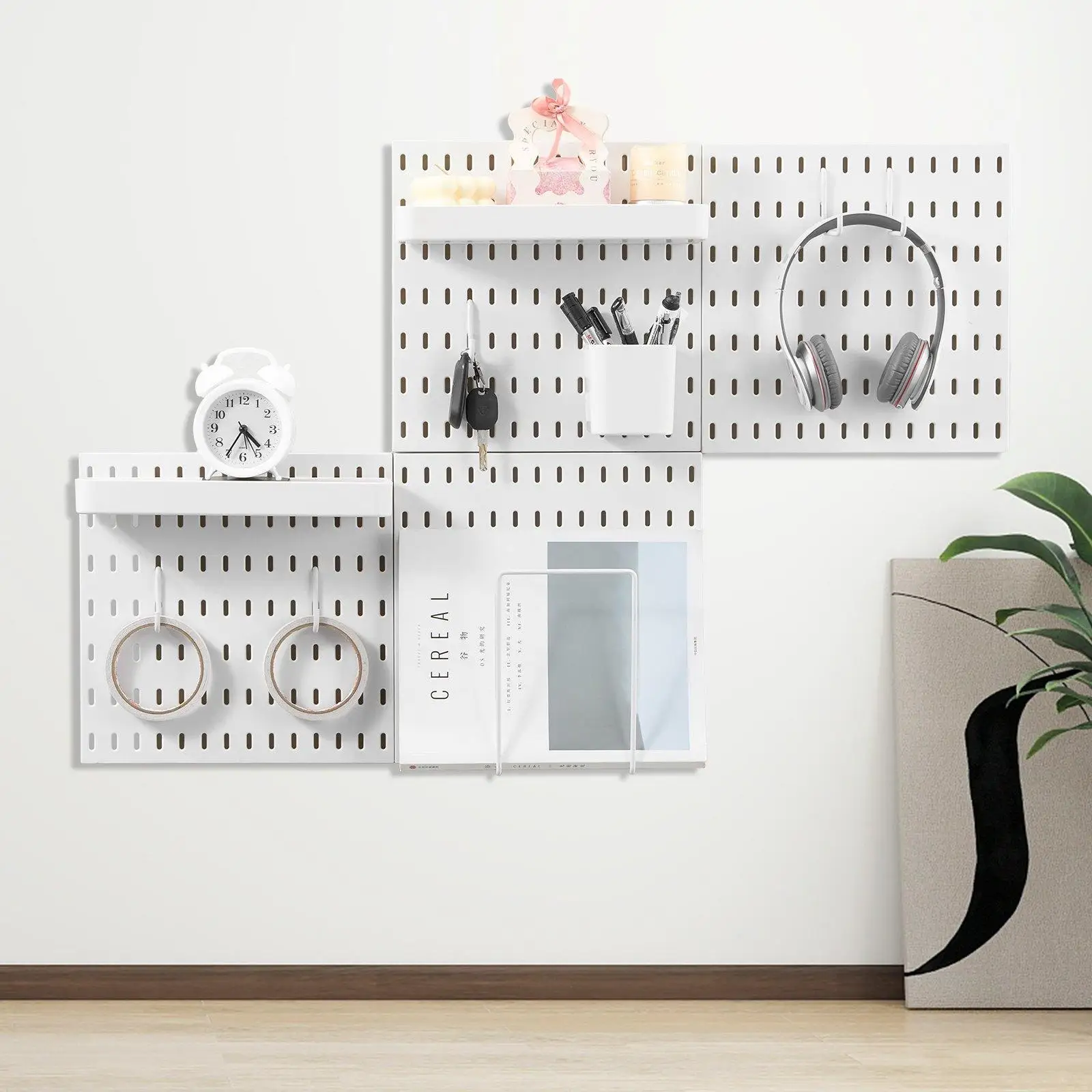 Modular Plastic Pegboard Wall Organizer Combination Kit 11x11 Inch 4 Panels DIY Hole Board Storage Display System for Craft Room Garage Kitchen Tool Organization Home Office Accessories White view 8