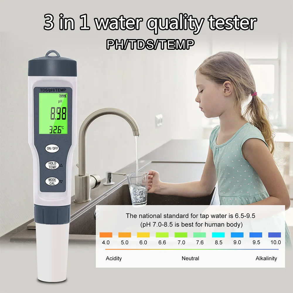 NOYAFEZ-9901 Água Qualidade Tester Pen, Alta Qualidade PH Meter, TDS Temp Condutividade Monitor, Pureza Medida Ferramenta, 3 em 1