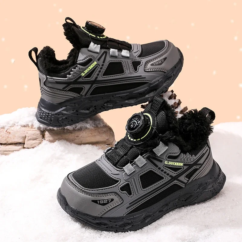 Children’s Winter Plush Sneakers Rotating Buckle Non-Slip Warm Walking Shoes For Boys Lightweight Outdoor Casual Cotton Shoes