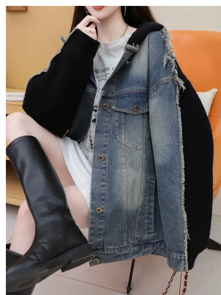 Cardigan Women Sweaters Coats Denim Splice Hooded Jackets Full Sleeve Jumpers Y2k Streetwear Elegant Knit Autumn Winter 2025