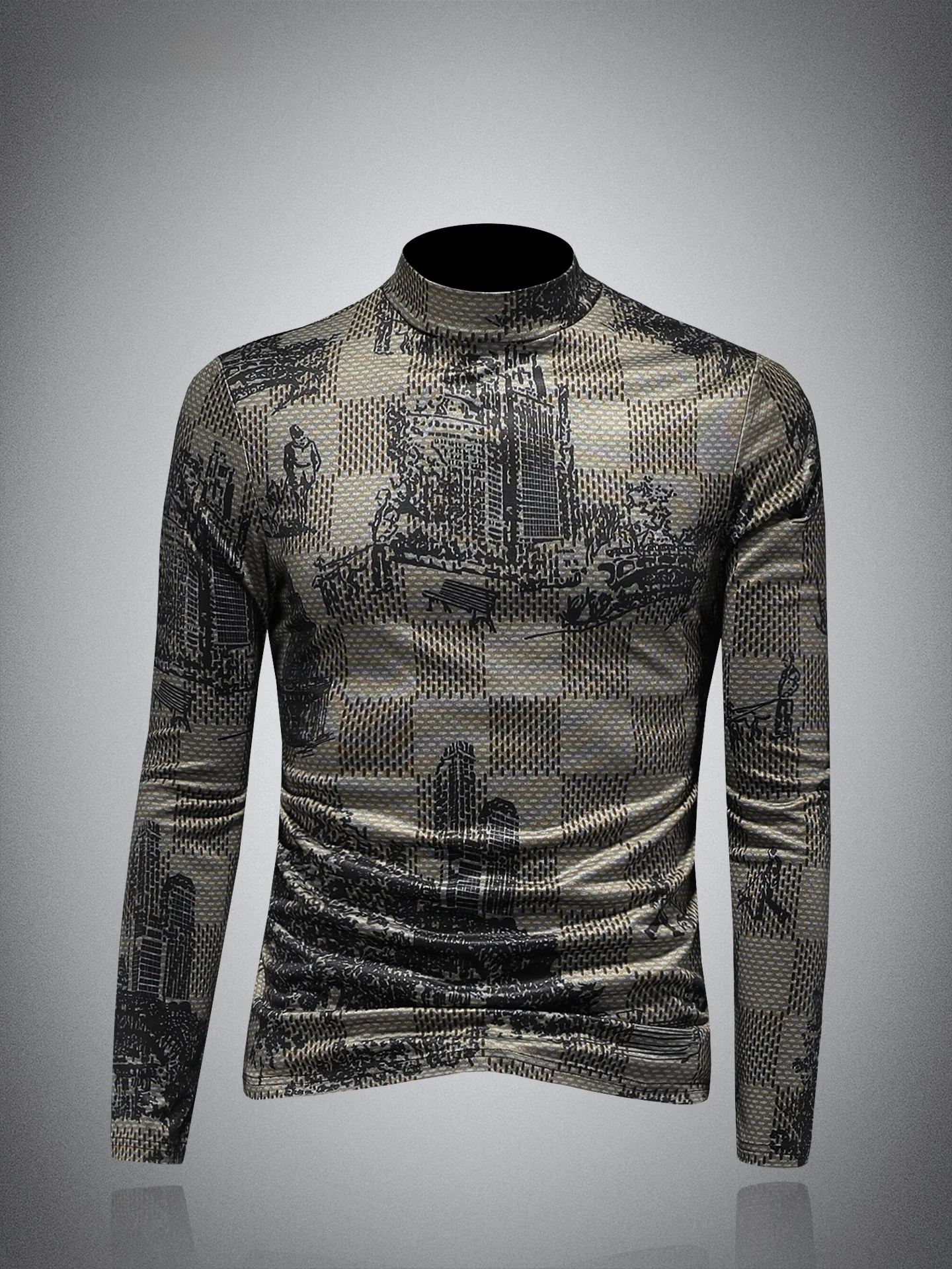 

Vintage Print Long Sve Men's Base irt f High Collar Tight Fit Autumn Winter Inner Wear Casual Sle Comfortable Cotton