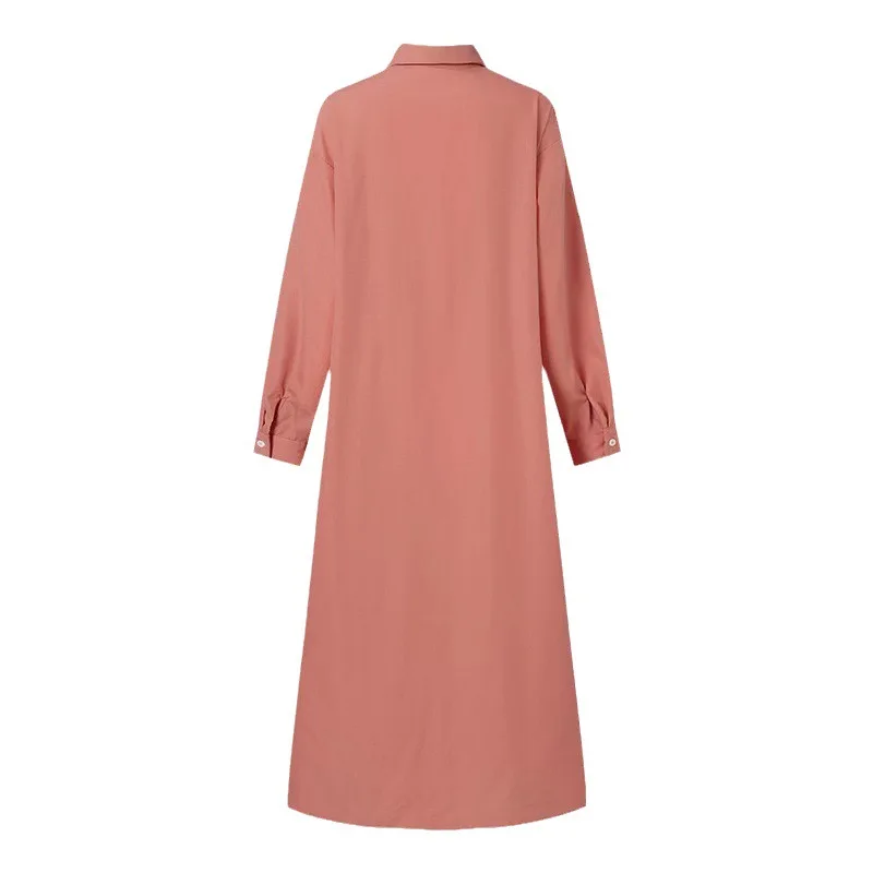 قميص نسائي من القطن والكتان بلون سادة فستان طويل كاجوال بأكمام طويلة مفتوح قميص تنورة مريحة على الطراز الكوري