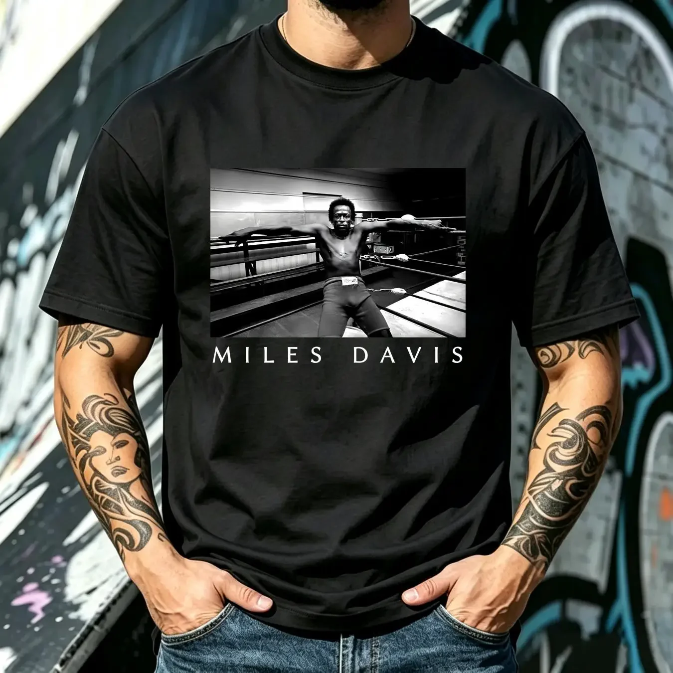 washed T Shirt Band MILES DAVIS Boxing Ring Black Medium vintage Washed graphic Versatile Slightly fashion Breathable