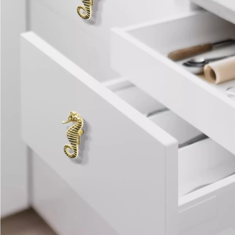 Kenop Kuningan Perlengkapan Furnitur Seri Laut Mediterania, Gagang Kabinet Kuningan Nordik Vintage, Gagang Tarik Kuningan Motif Kuda Laut