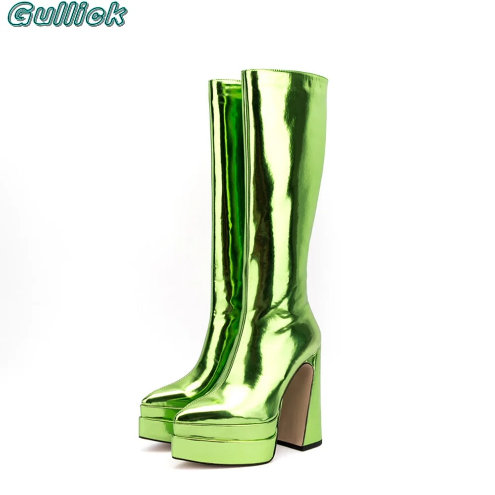 Gullick Solid Green Mirrored Boots Pointed Toe Platform 2024 New Arrivals Knee-High Boots Spring Autumn Fashion Women Shoes