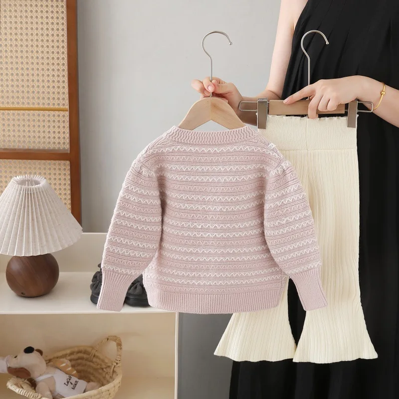 Knitted Coat Two-piece Set Grils Children Sweater Cardigan Autumn Sweet Cute Fashionable Comfortable Soft All-matching