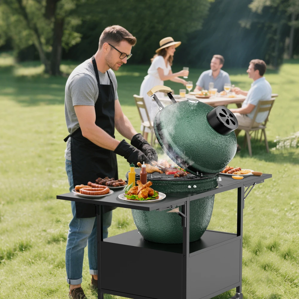 

Compatible With Big Green Egg Large Grill Outdoor Grill Table Metal Cart 2 Folding Panels Large Storage Box Easy Assembly