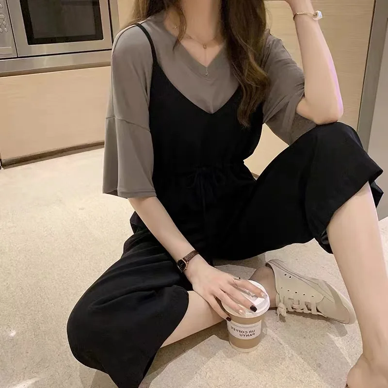

Summer Thin Wide Leg Pants Set Women's Loose One-Piece Suit Casual Commute Sle ort Sve round Ne Faion Set