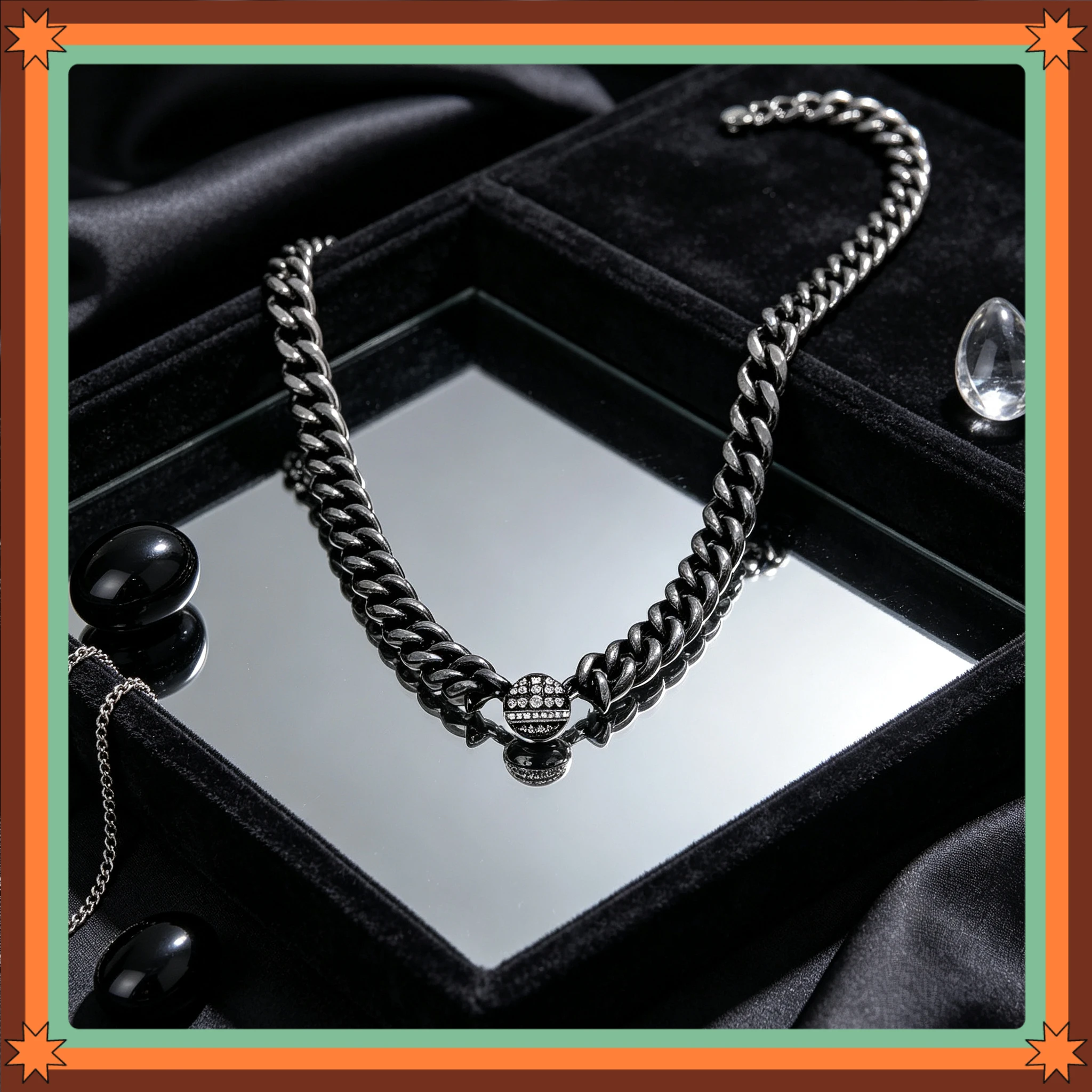 Punk Chunky Cuban Chain Choker Inlaid Rhinestone Round Saturn Orb Clasp 3 Tone Polished Metal Unisex Daily Layering Necklace view 2