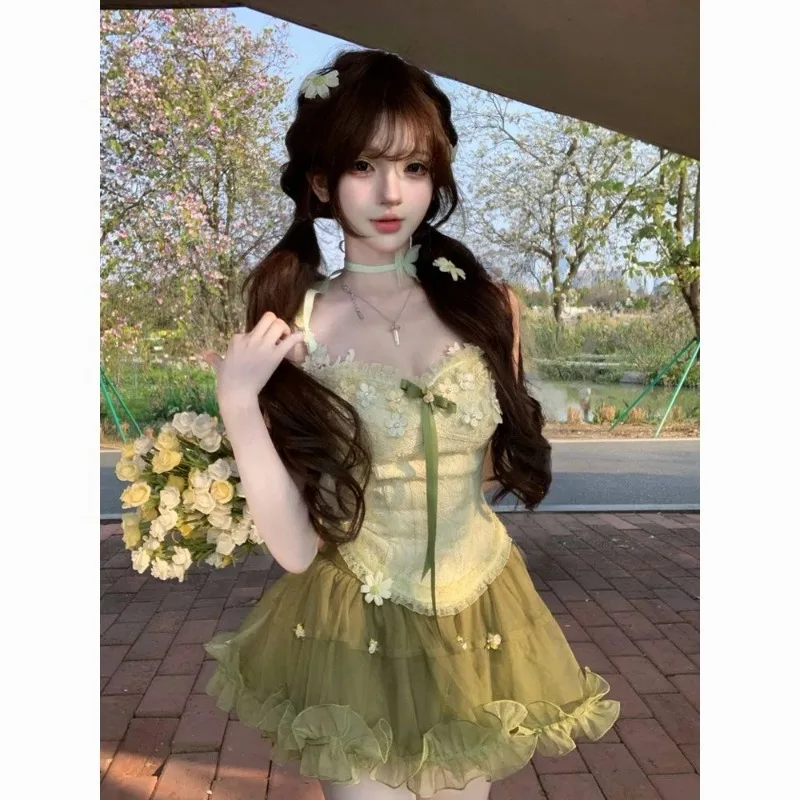 Vintage Chic Off Shoulder Bow Sling Tops Female + Elastic Waist Short Skirt Outfits Fashion Summer Sweet Slim 2-piece Set Women