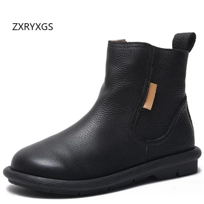 

ZXRYXGS Full Genuine Leather Round Toe Side Zipper Retro Boots Flat Shoes Woman Boots 2024 Comfort Soft Sole Short Boots Tide