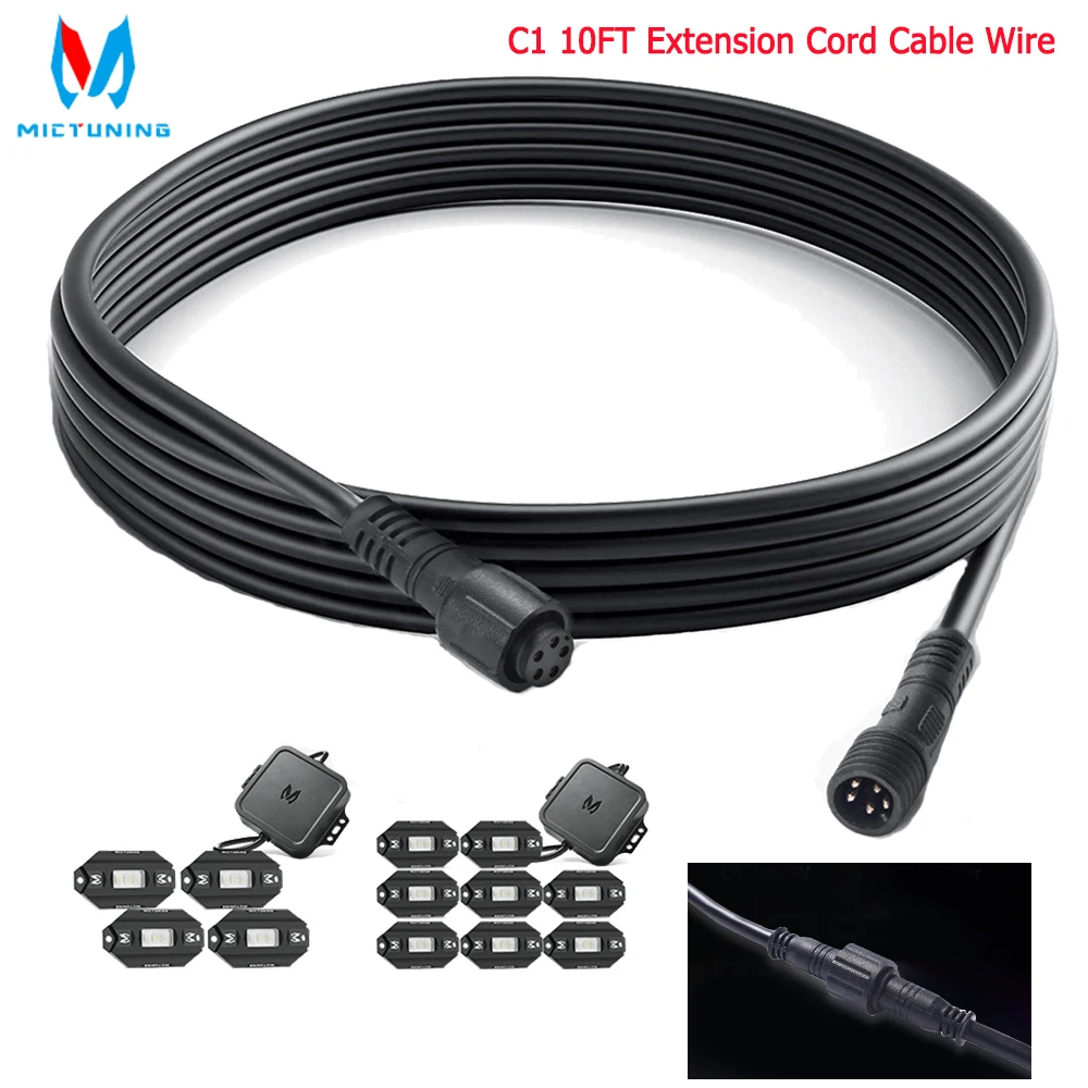 MICTUNING C1 10FT Extension Cord Cable Wire For 4 and 8 Pods RGB LED Rock Light With Bluetooth Controller Wire Cable Replacement