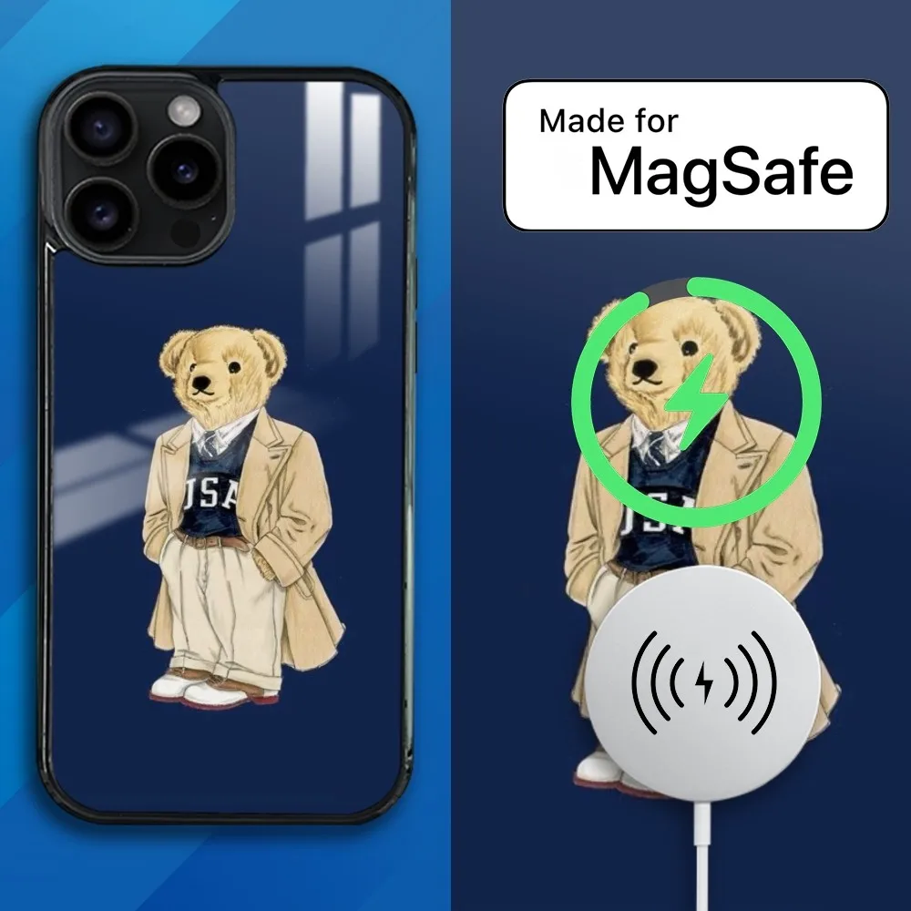 Fashion Bear P-PoloS Phone Case For iPhone 16 15 14 13 Pro Max Plus Mini Magsafe Mirror Wireless Magnetic Cover