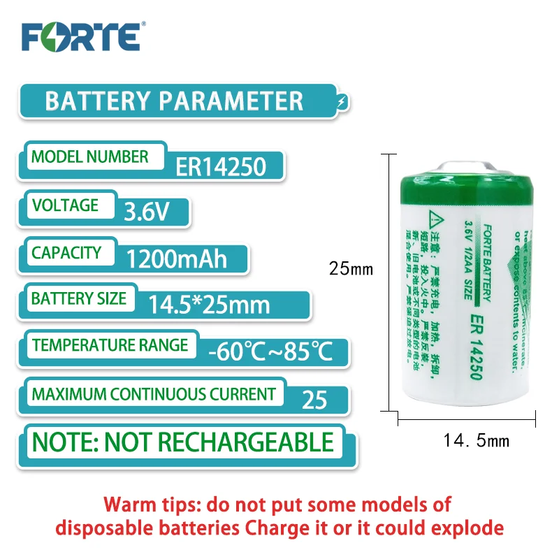 FORTE ER14250 3.6V lithium battery 1200mAh for wireless temperature probe industrial control servo PLC programmer